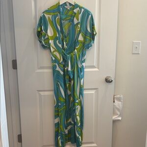 La Mer Luxe Dress / Size L/ NWOT Vibrant Swirl Maxi Dress in Green and Blue